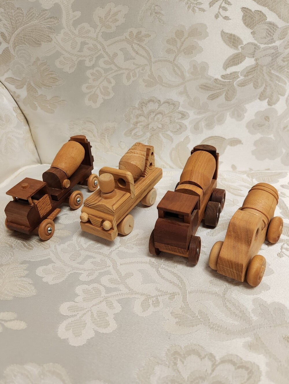 4 Vintage Handcrafted Wooden Vehicles Cement Mixer Truck Toys